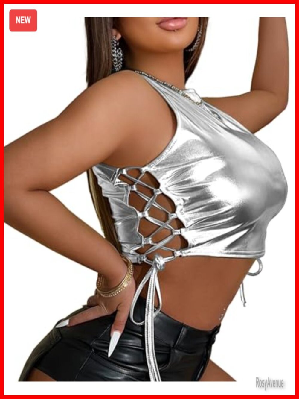 Women's Metallic Shiny Sleeveless Crop Tank Top Party Clubwear